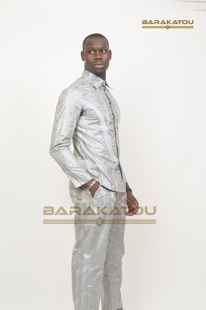 Costume Africain Homme Bazin Bauer De Luxe Gris
