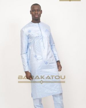 Costume Africain Homme, Bazin Bauer de luxe Bleu