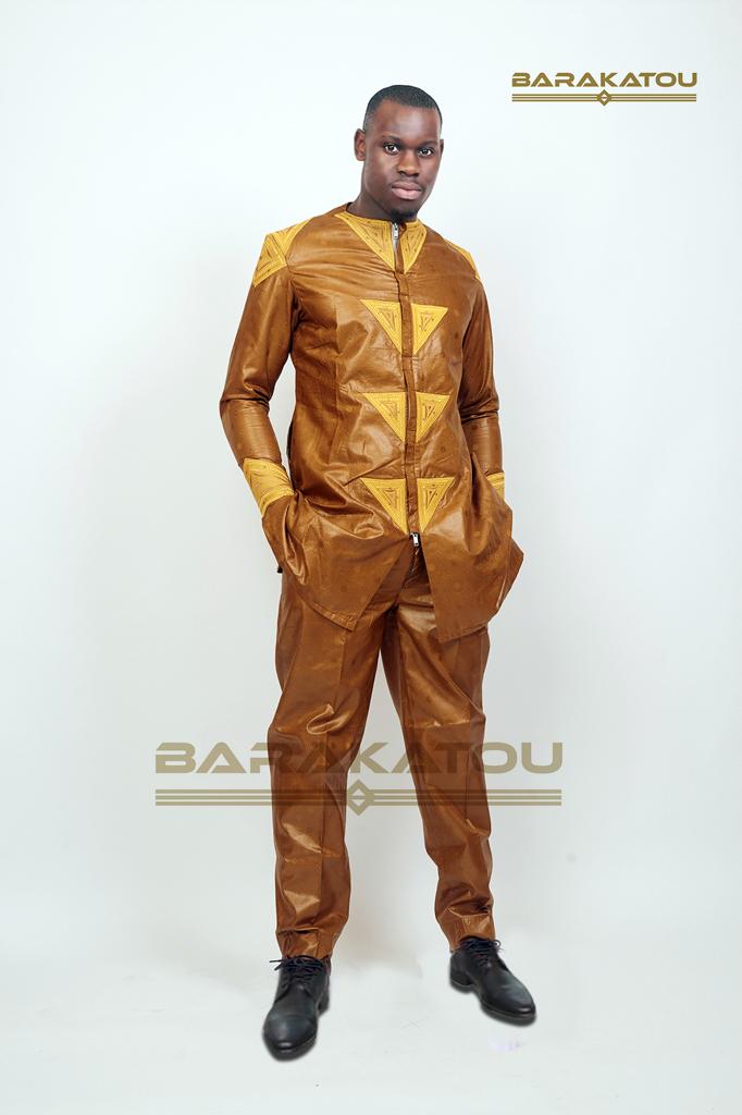 Costume Africain Homme, Bazin Bauer De Luxe Marron