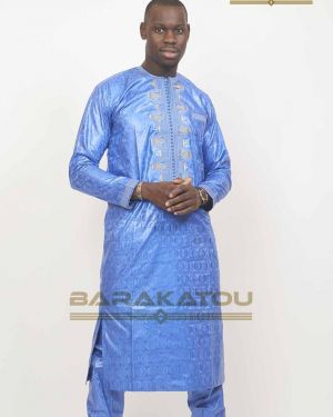 Costume Africain Homme Bazin Bauer De Luxe Bleu Barha