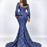 Robe sirène péplum bleu royal brodé Autriche