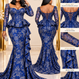 Robe sirène péplum bleu royal brodé Autriche
