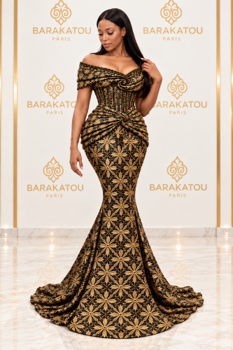 Robe sirène noire et dorée en brocard